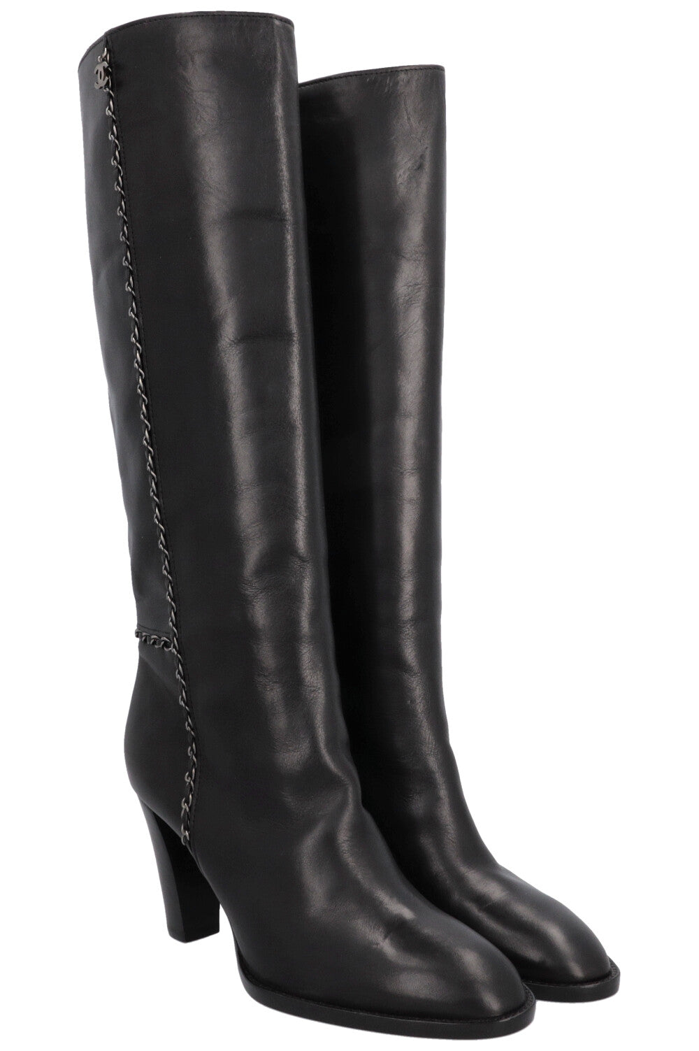 Chain Knee High Boots Black Leather