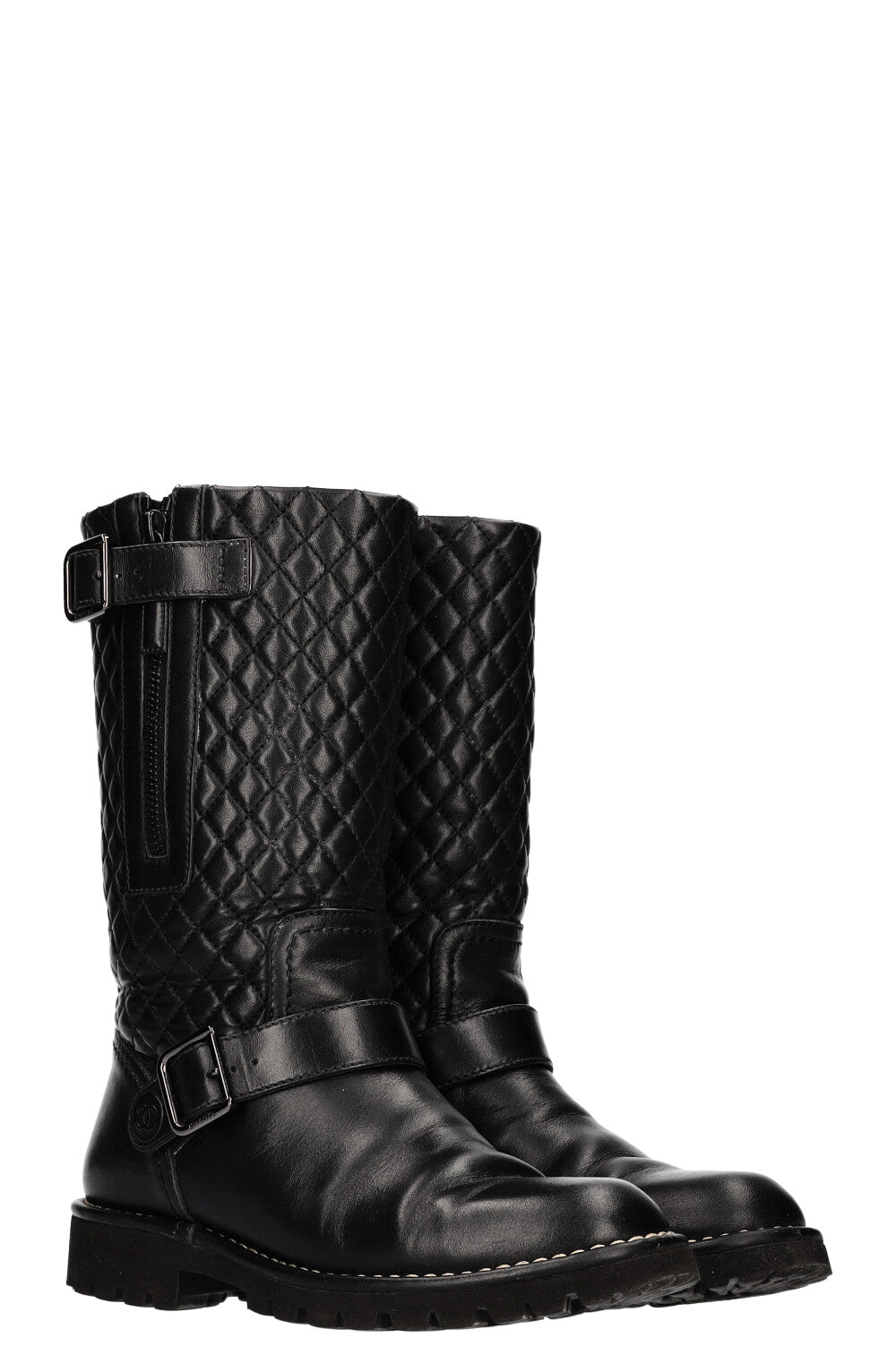 Quilted Motorcycle Boots Black Leather