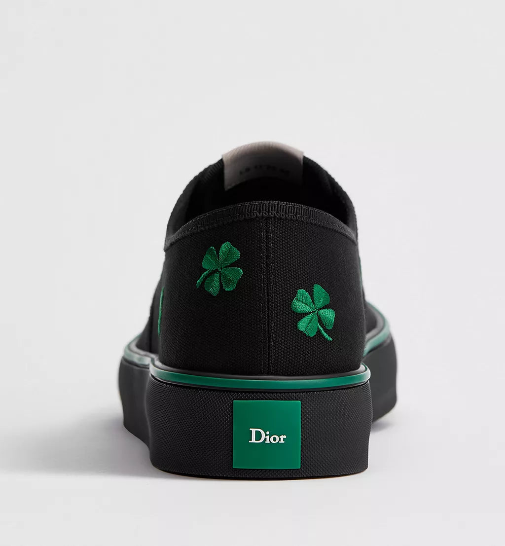 Saltwind Sneaker Black Cotton Embroidered Bright Green Clover Motif
