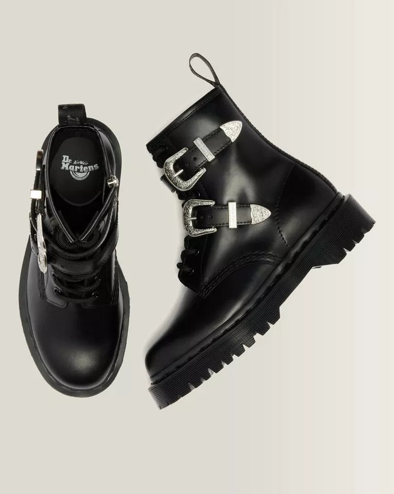 DR. MARTENS 1460 Western Buckle Bex Atlas Leather Lace Ankle Boots Black Atlas