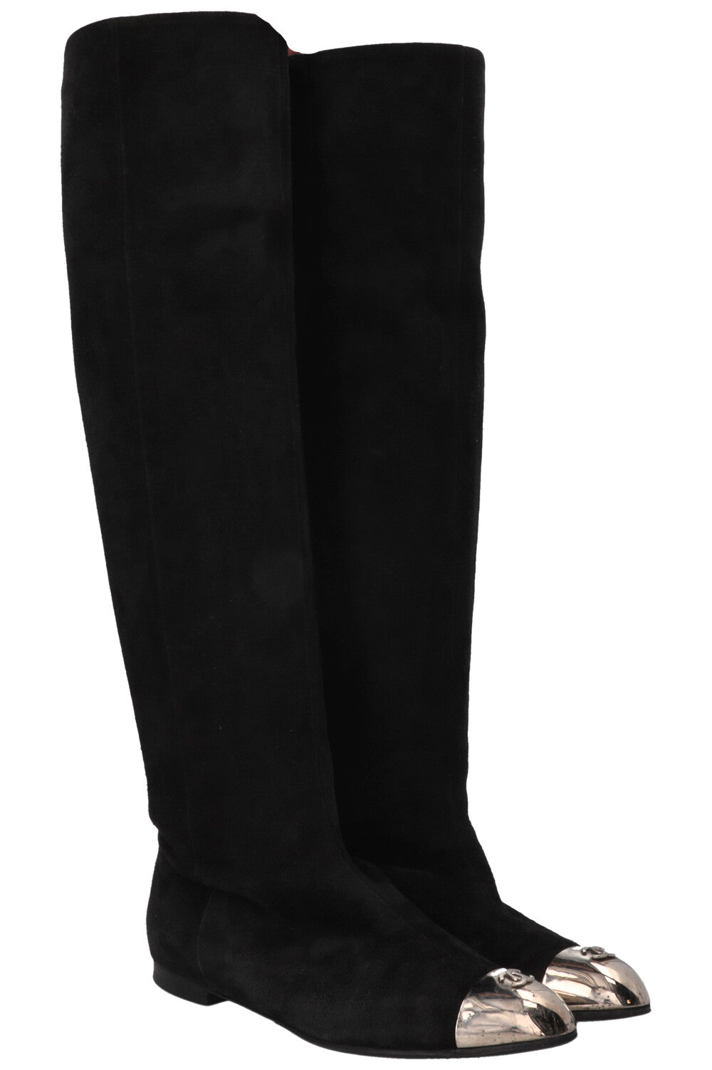 Metal Cap Knee High Boots Suede Black
