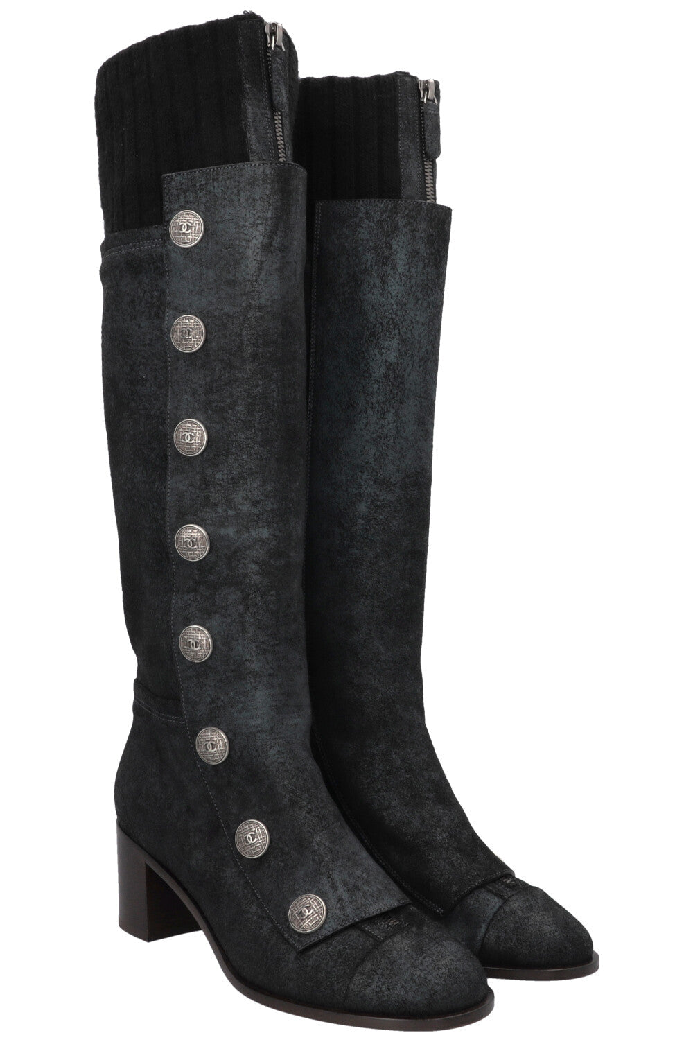 Button Knee High Knit Boots Leather