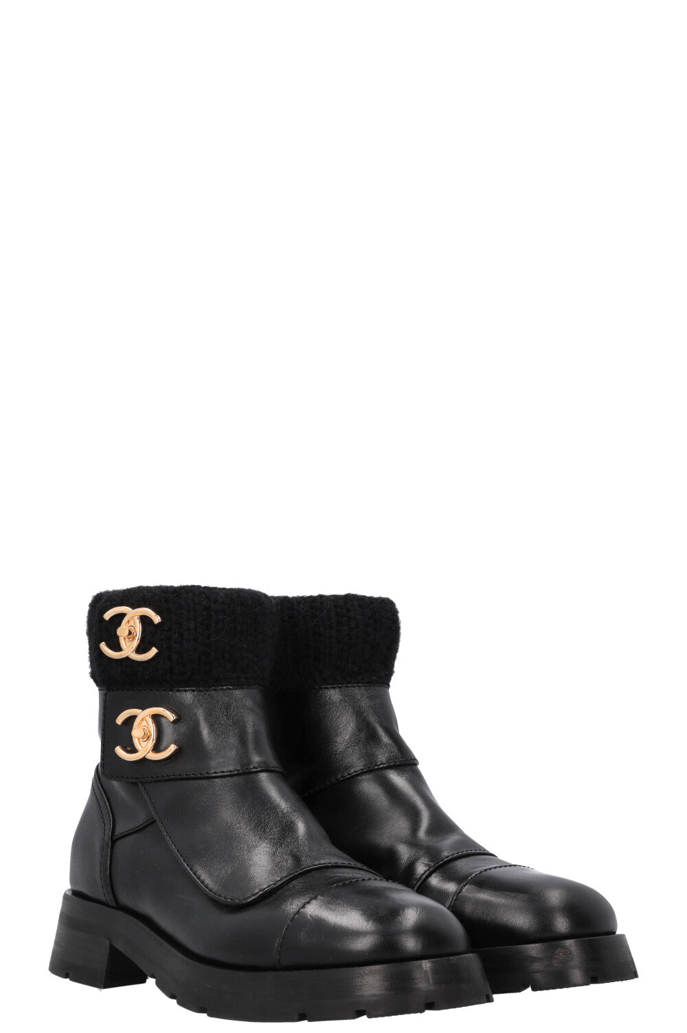 Turnlock Knit Boots Leather Black