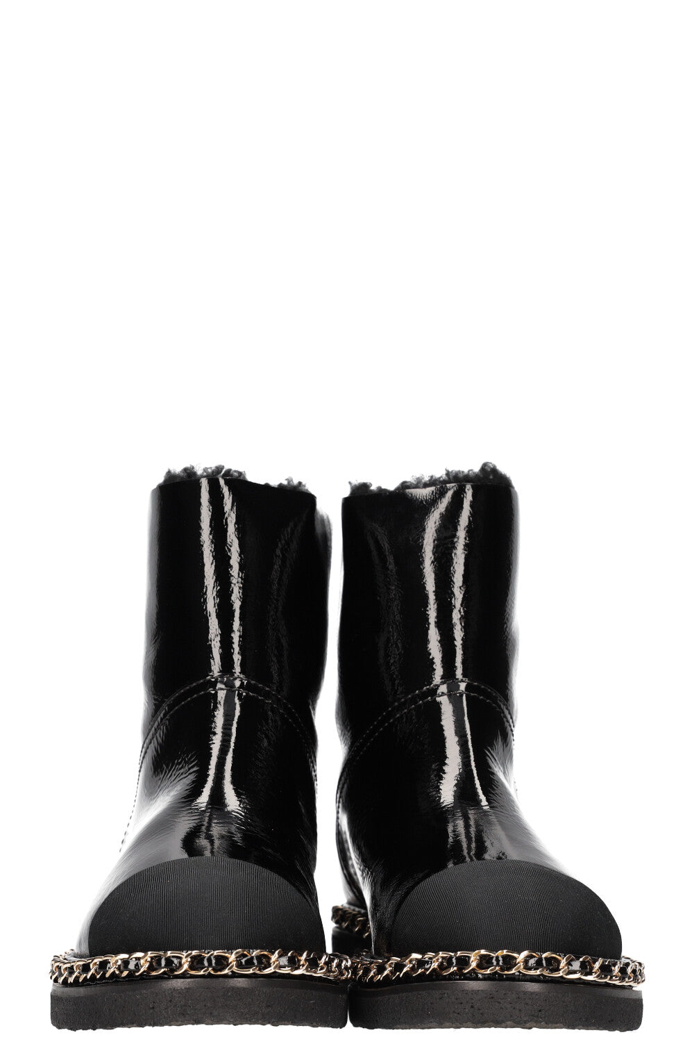 Shearling Chain Boots Patent Black