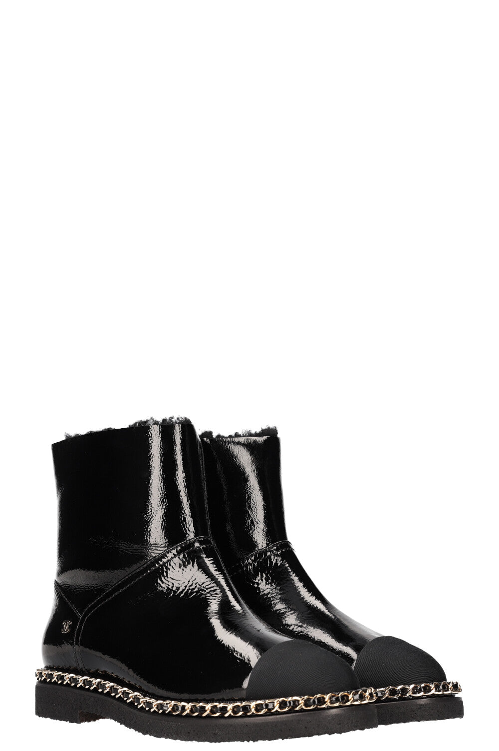 Shearling Chain Boots Patent Black