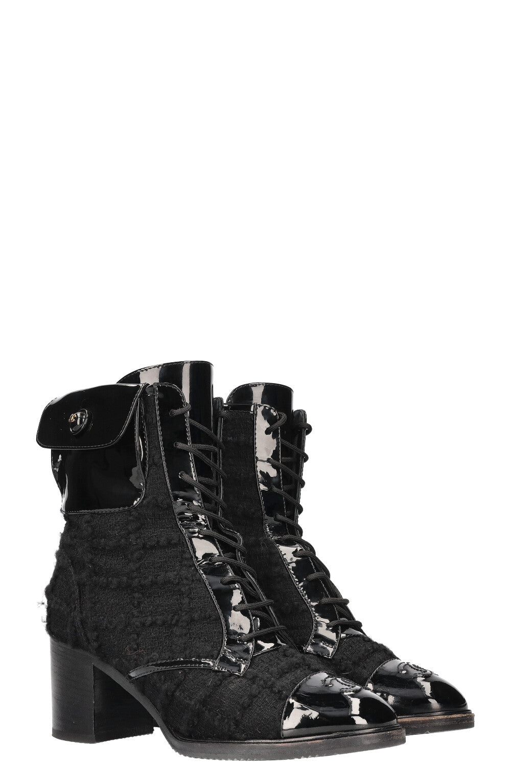 Ankle Boots Tweed Patent Cap Black