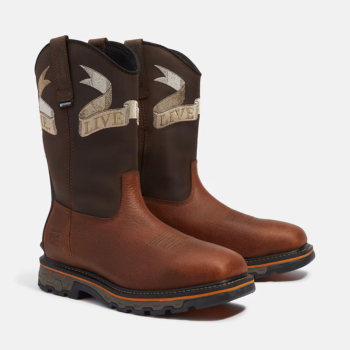 Timberland True Grit Live Free or Die Pull-On Soft Toe Waterproof Work Boot Medium Brown Full-Grain