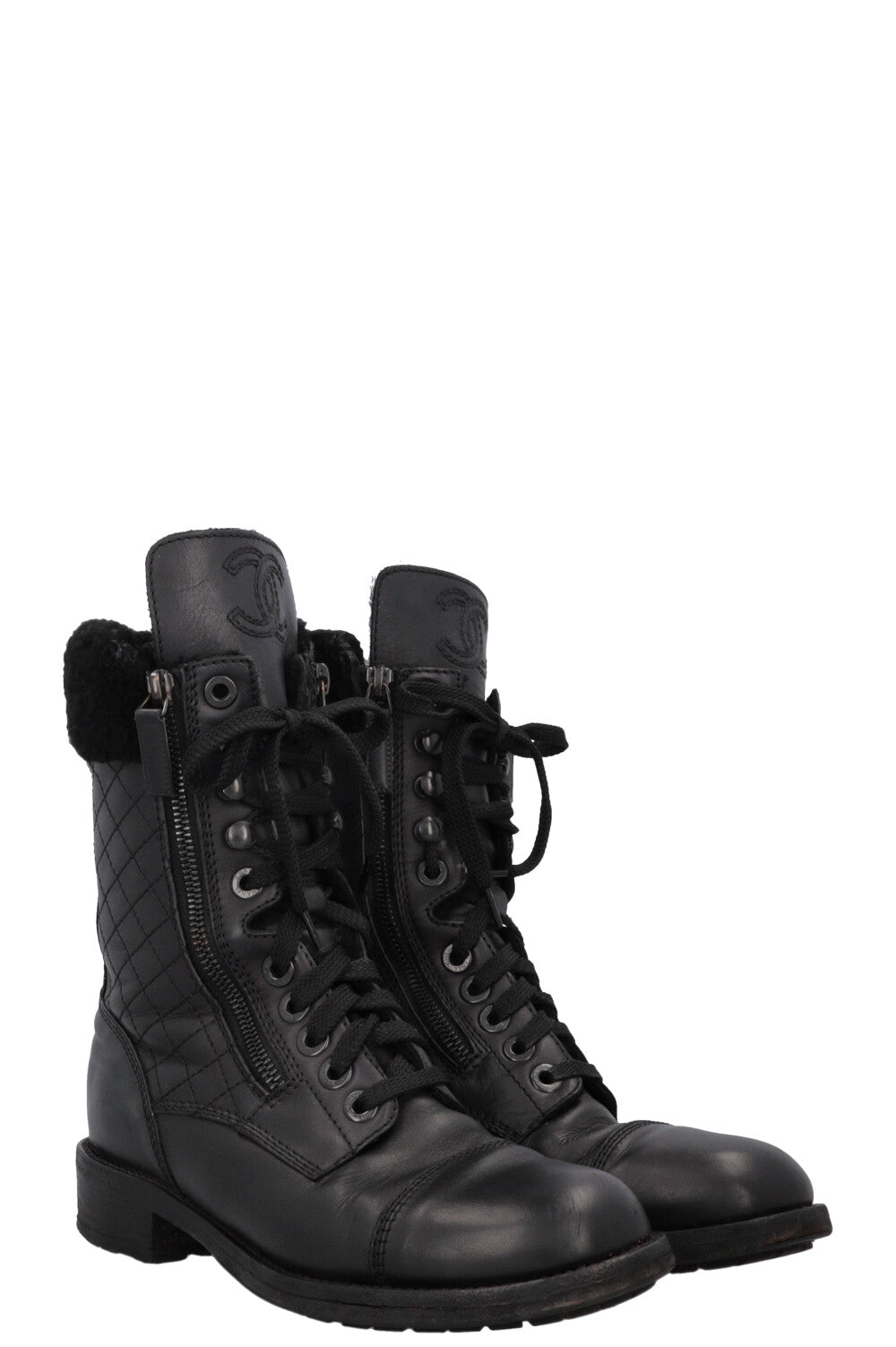Shearling Quilted Leather Ankle Boots Black