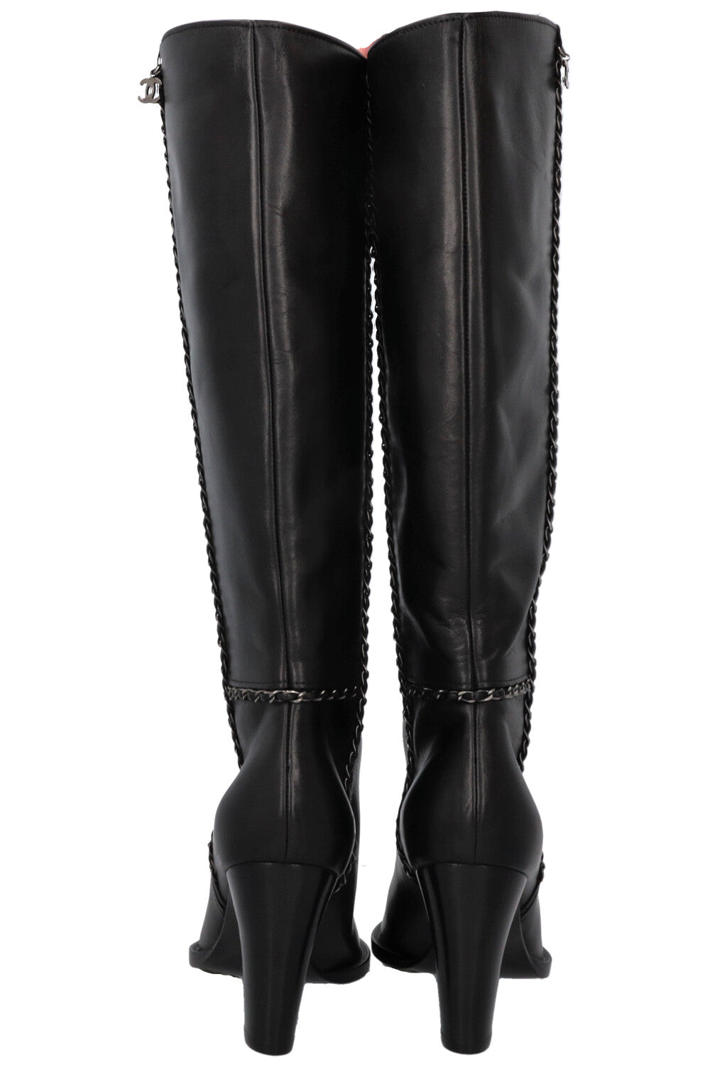 Chain Knee High Boots Black Leather