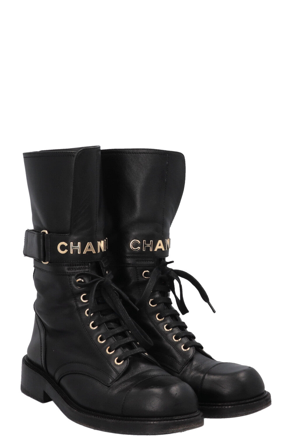 2022 Lace Up Logo Biker Boots Leather Black
