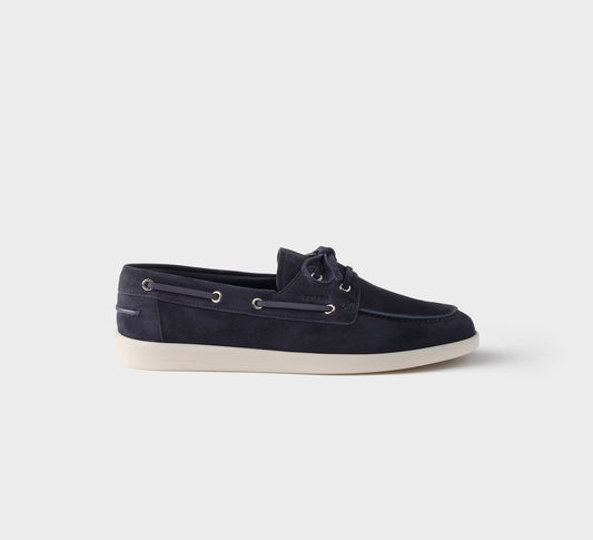Prada Suede Boat Loafers With Laces Navy