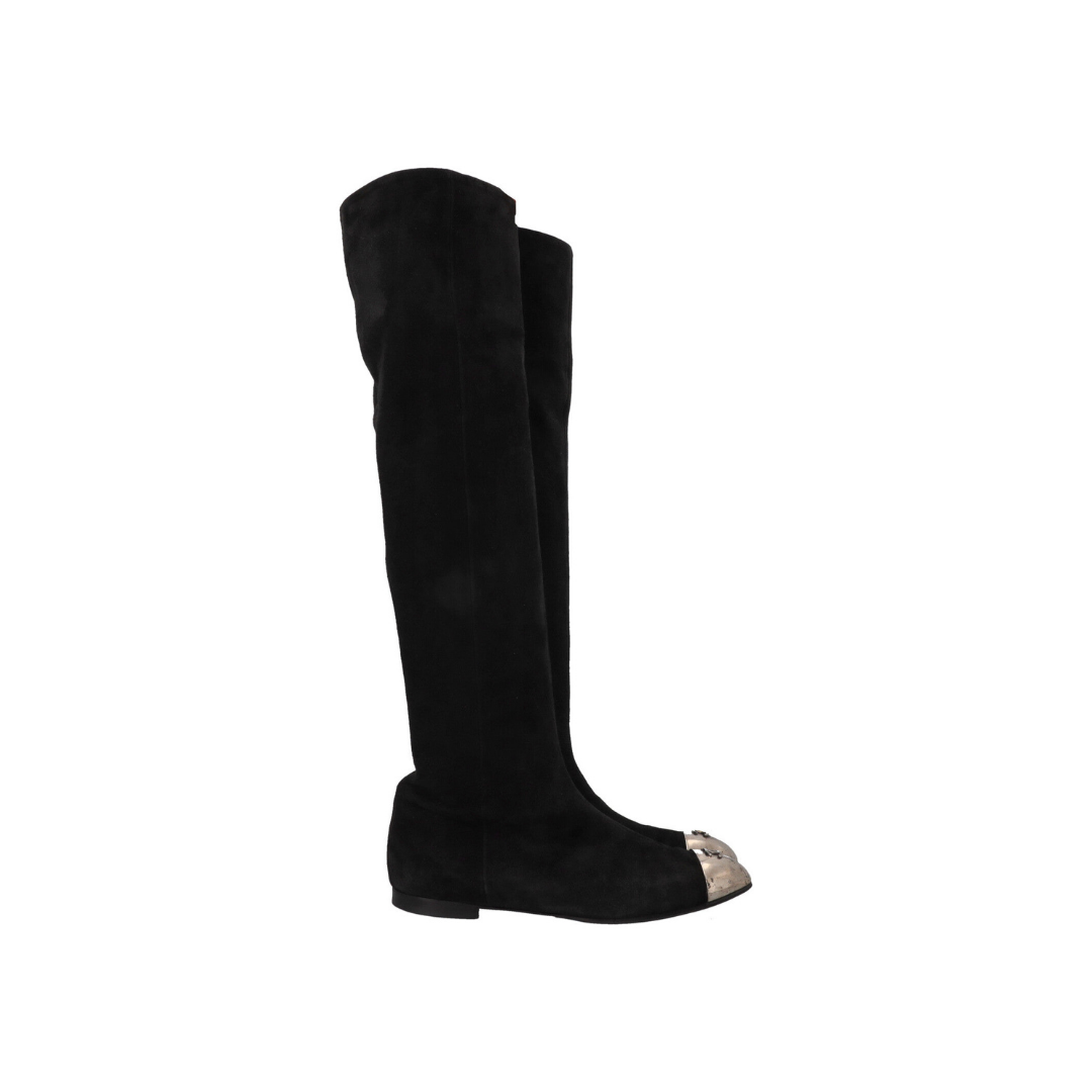 Metal Cap Knee High Boots Suede Black