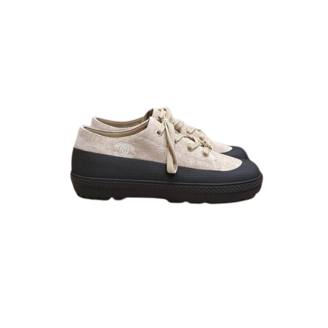 Beige Black Suede Calfskin Sneakers