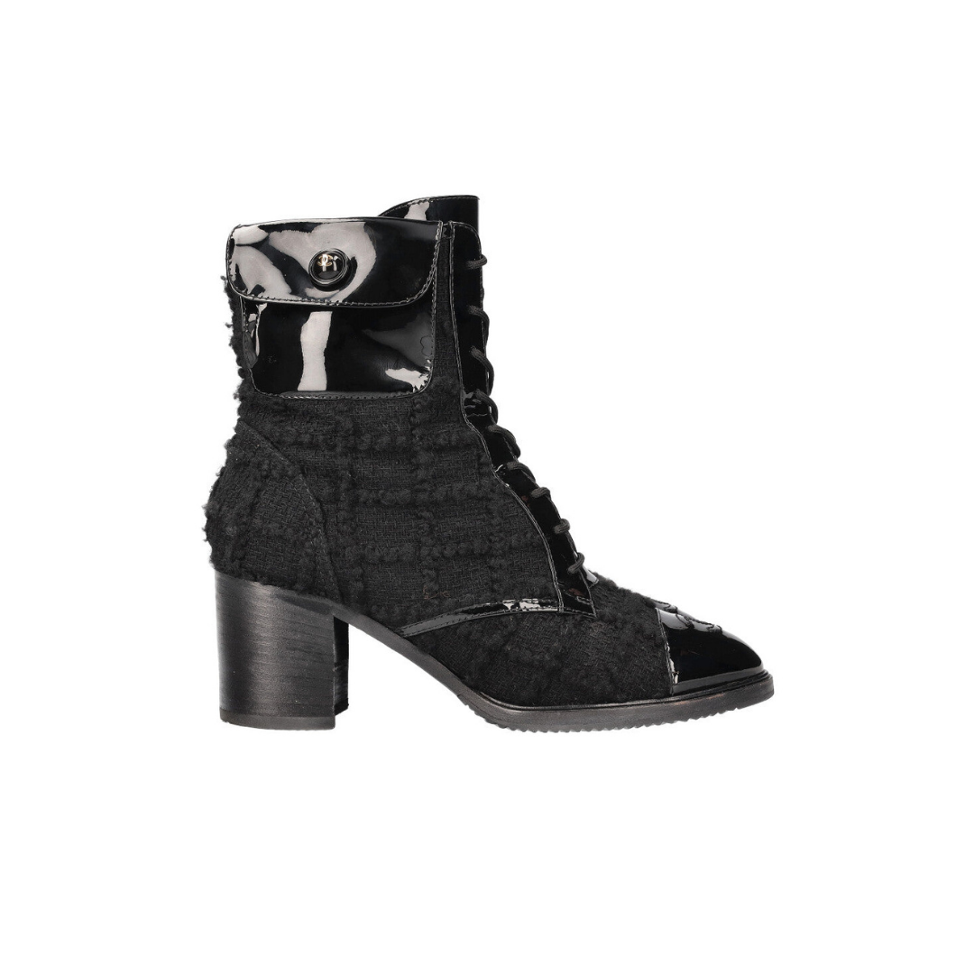 Ankle Boots Tweed Patent Cap Black