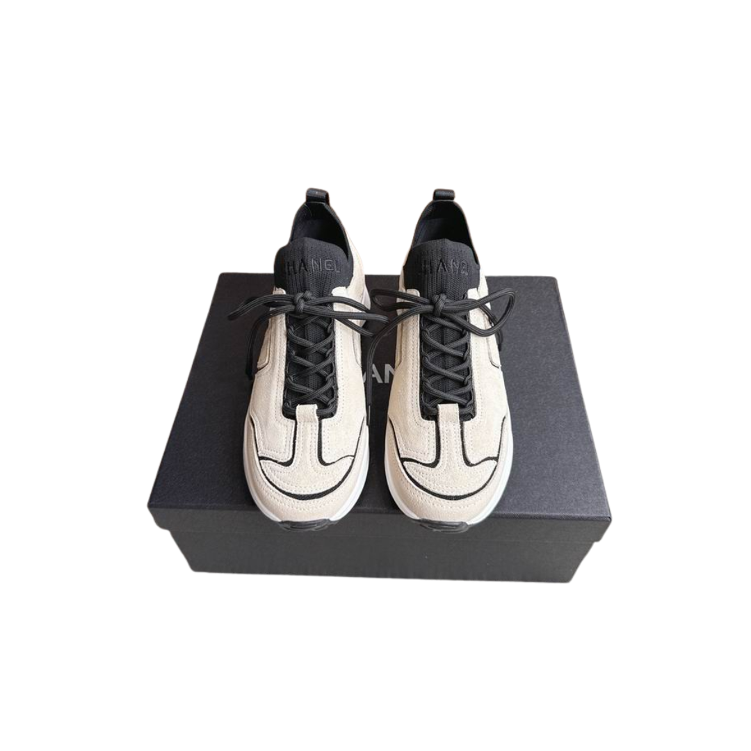 Ivory Black Calfskin Mixed Fibers Dad Sneakers