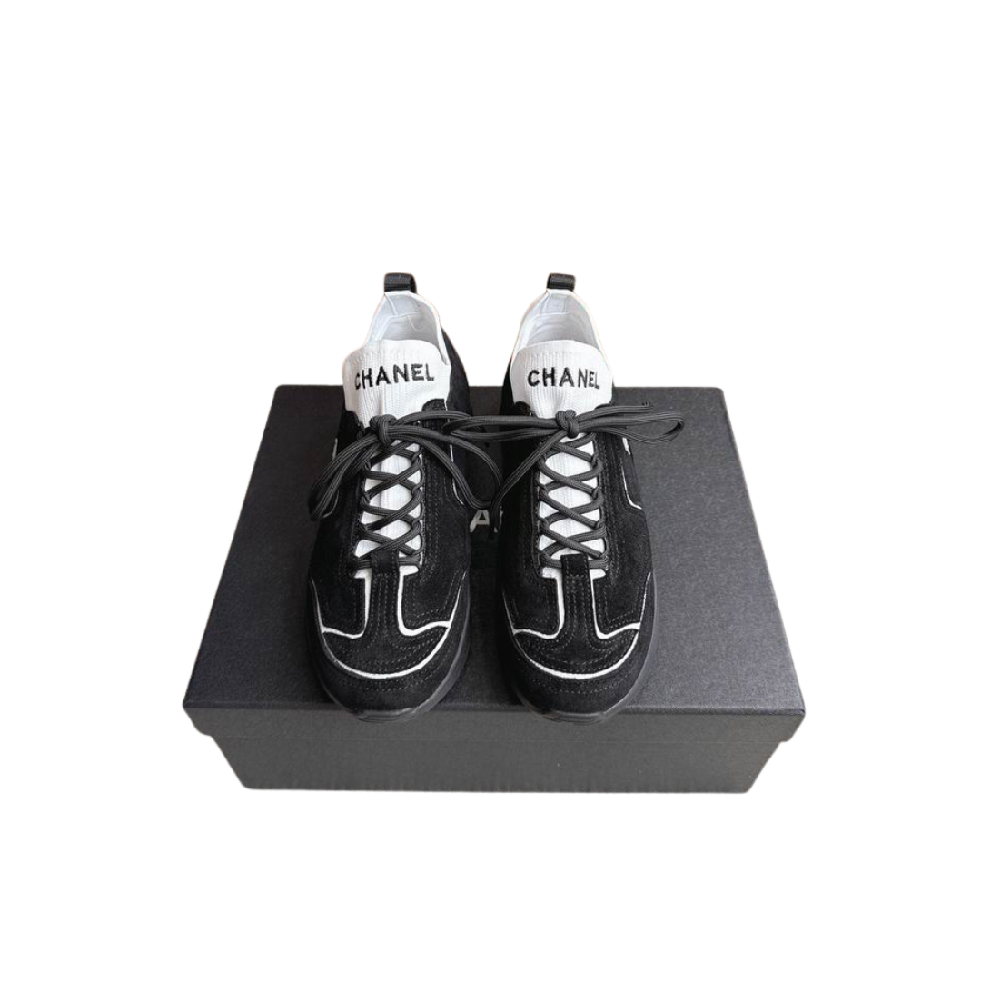 Black Calfskin Mixed Fibers Dad Sneakers