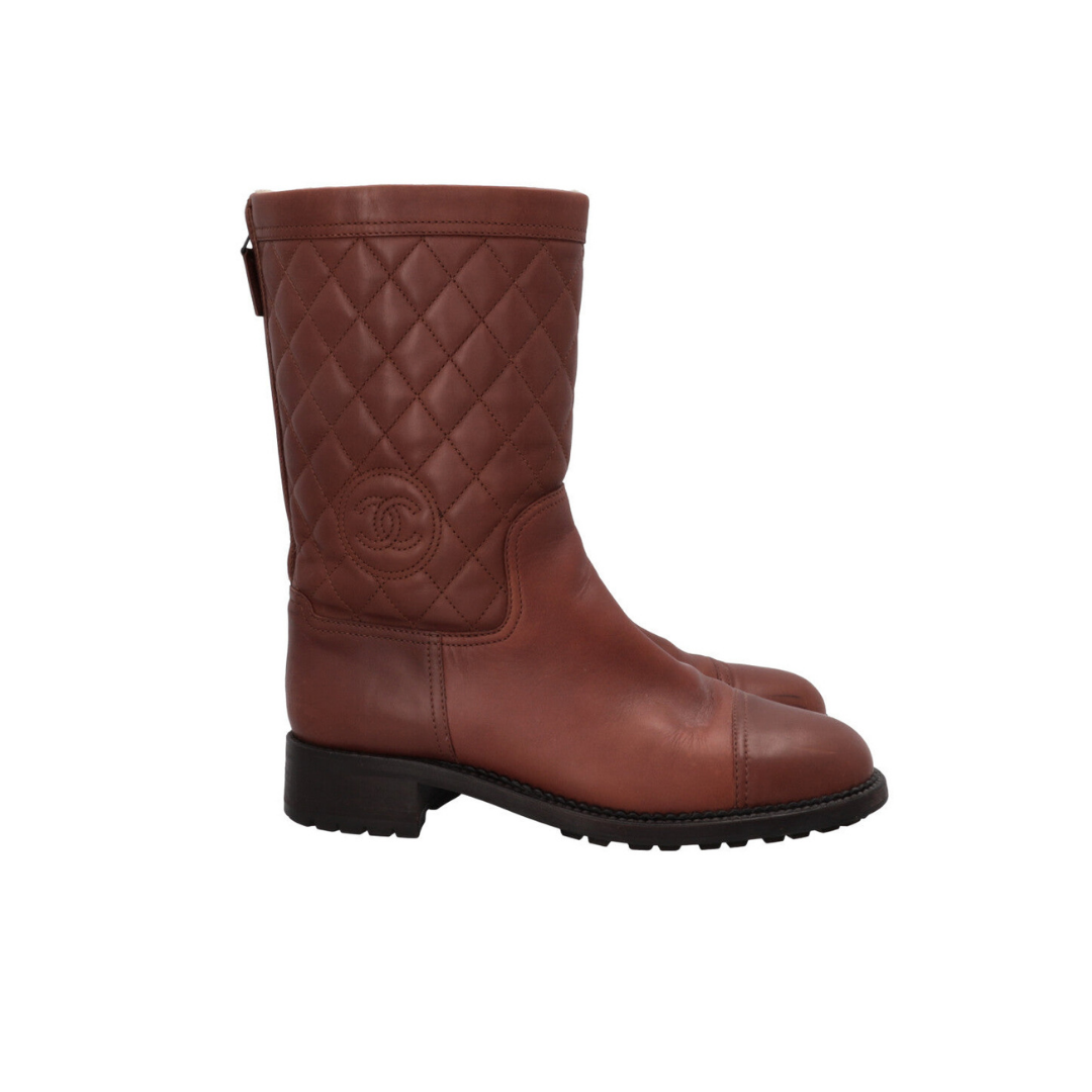 Quilted Shearling Ankle Boots Leather Brown