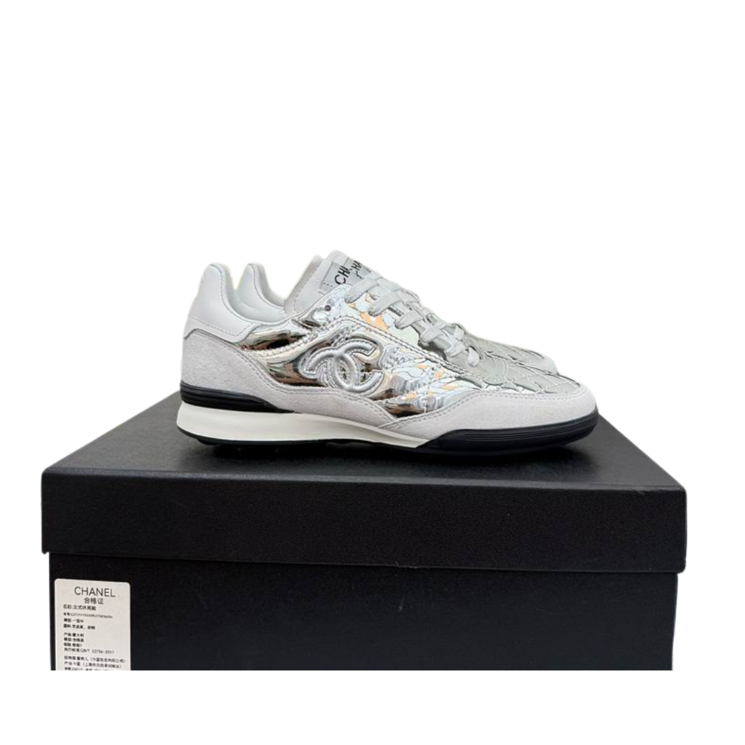 Silver White Laminated Calfskin Low-Top Sneakers