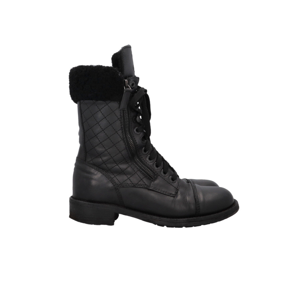 Shearling Quilted Leather Ankle Boots Black