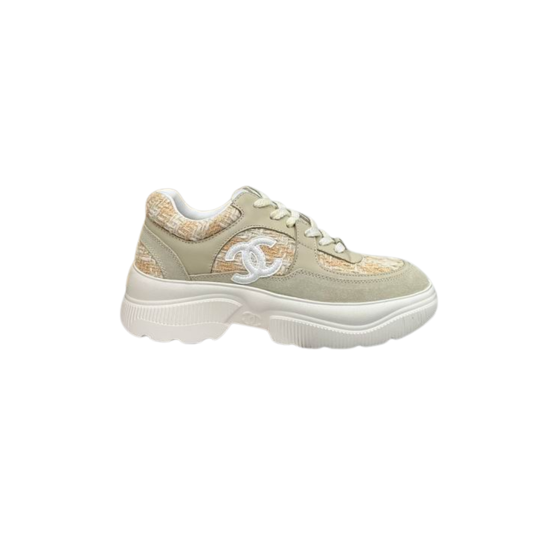 Beige Mesh Suede Calfskin Sneakers