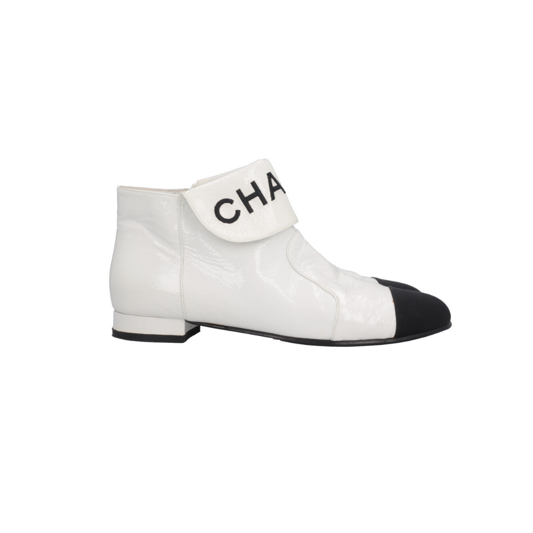Logo Patent Leather Ankle Boots White