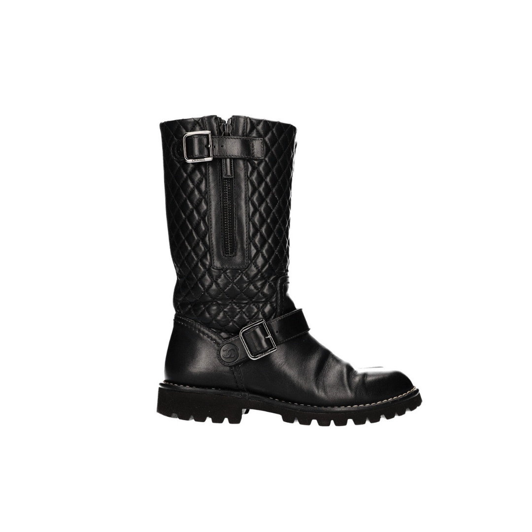 Quilted Motorcycle Boots Black Leather