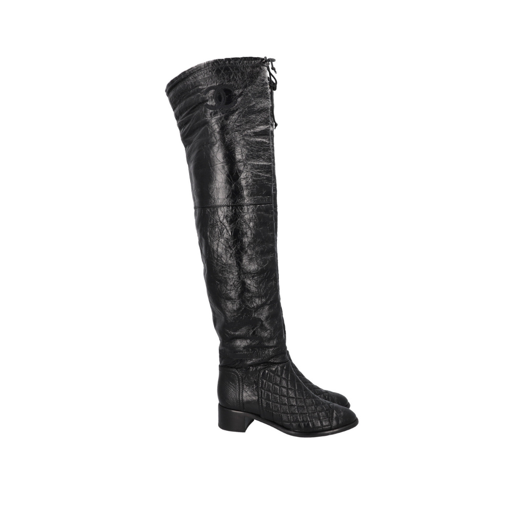 2018 Matelasse Overknee Boots Black Patent
