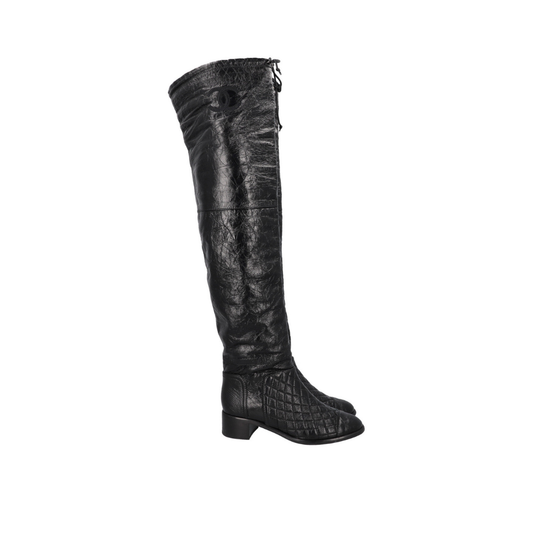 2018 Matelasse Overknee Boots Black Patent