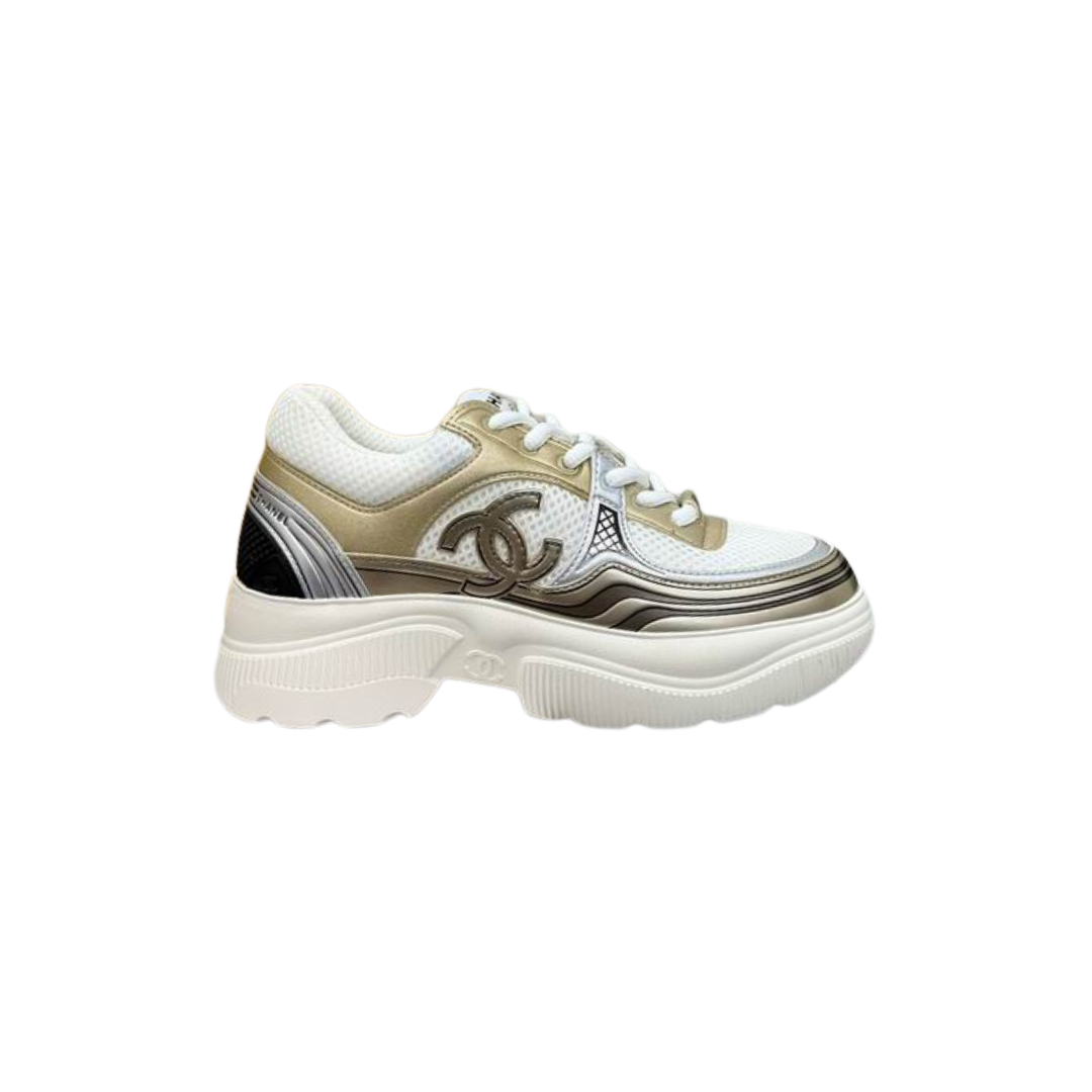 Fabric & Laminated Calfskin Sneakers Metallic Gold