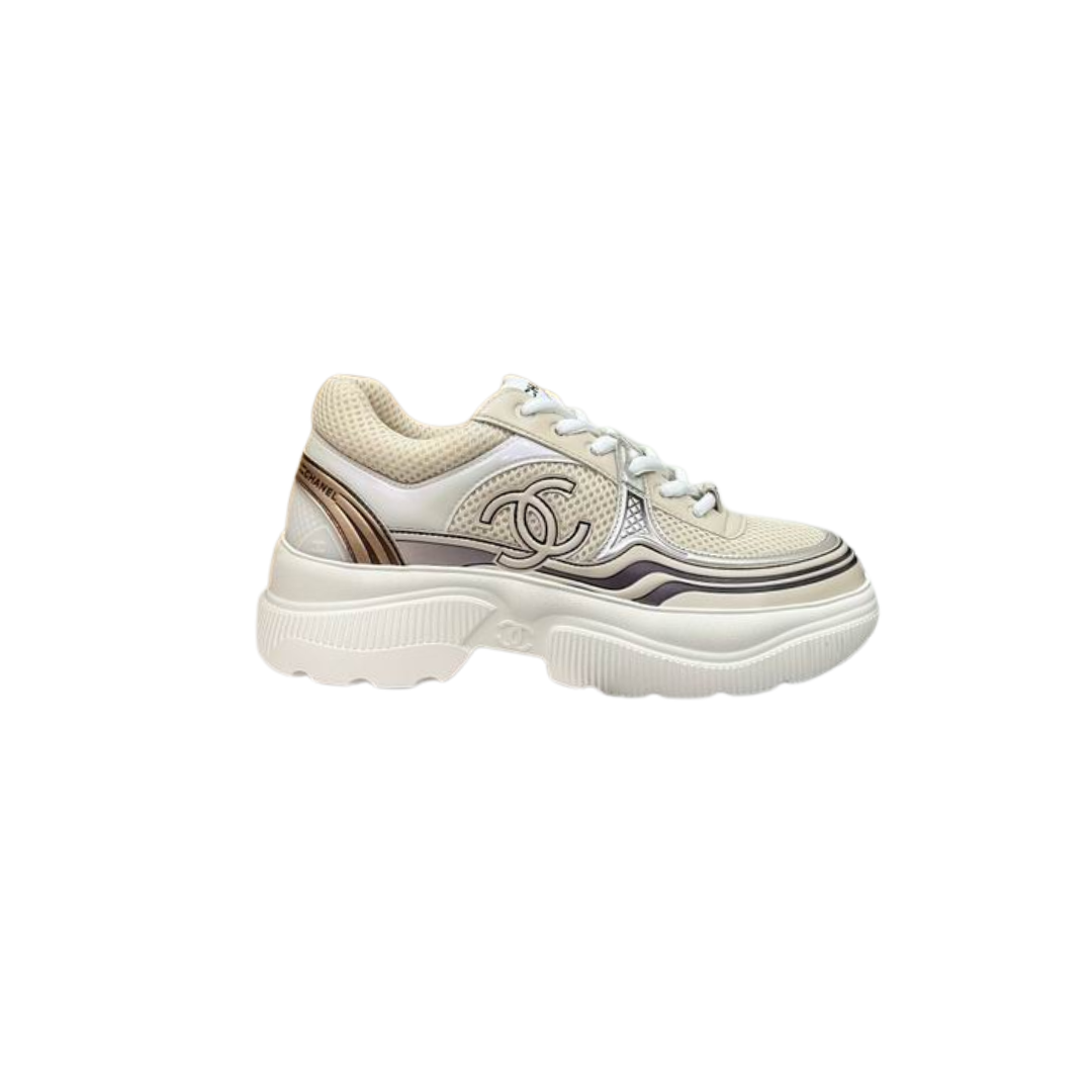 White Silver Fabric Laminated Calfskin Sneakers