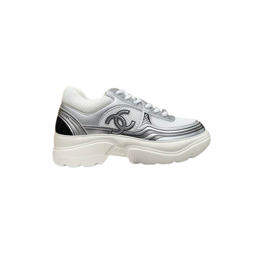White Silver Fabric Laminated Sneakers