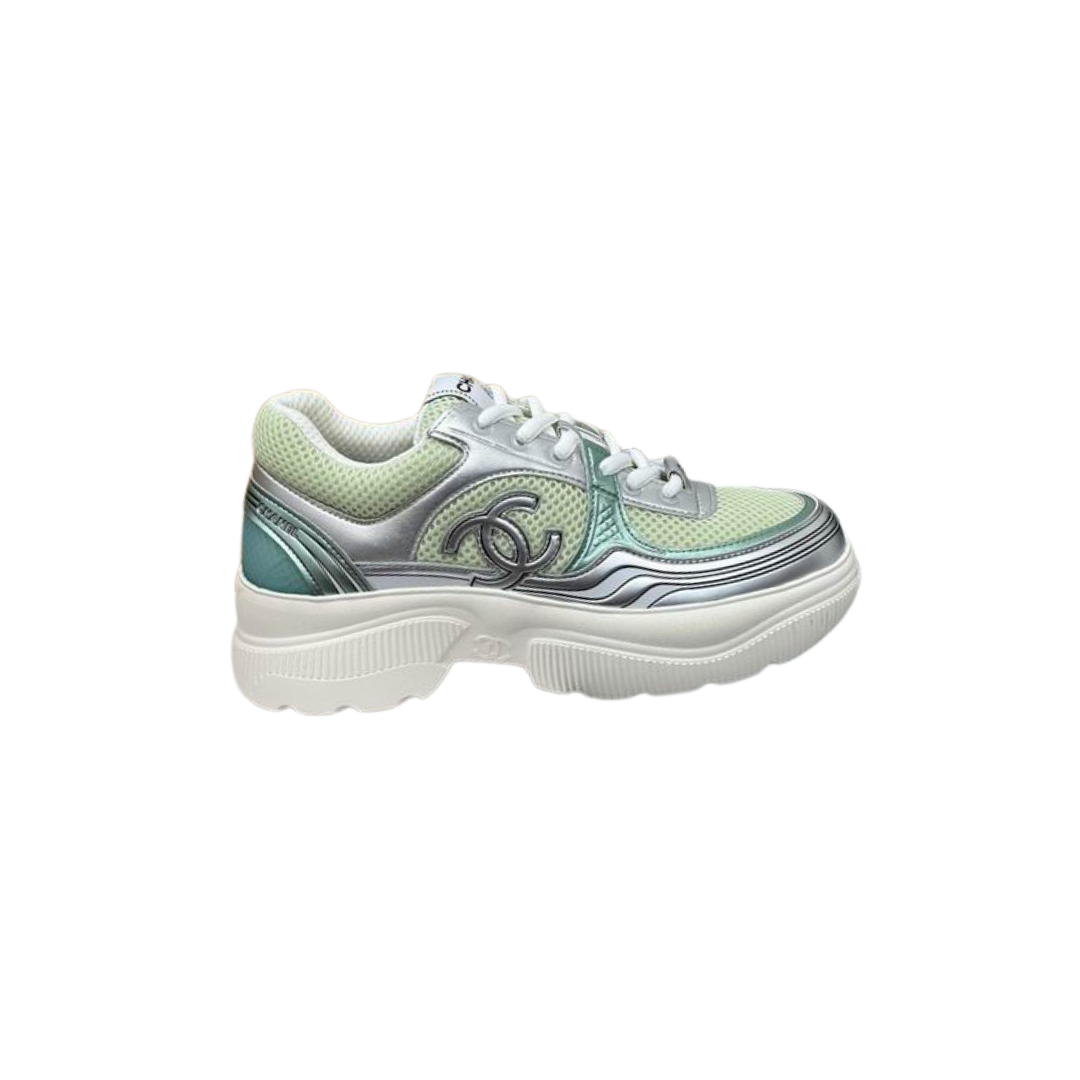 Silver Green Fabric Laminated Calfskin Platform Sneakers