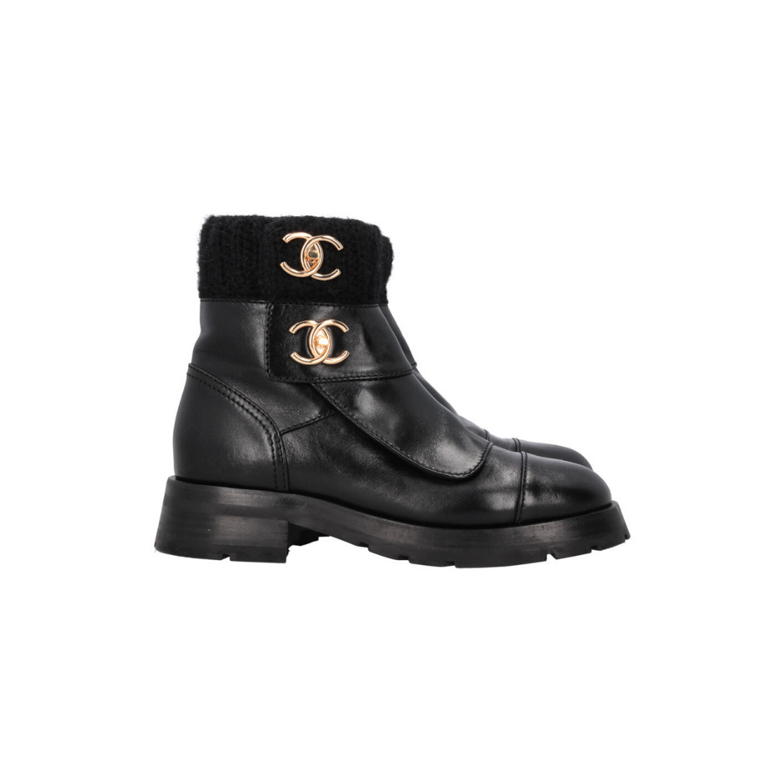 Turnlock Knit Boots Leather Black