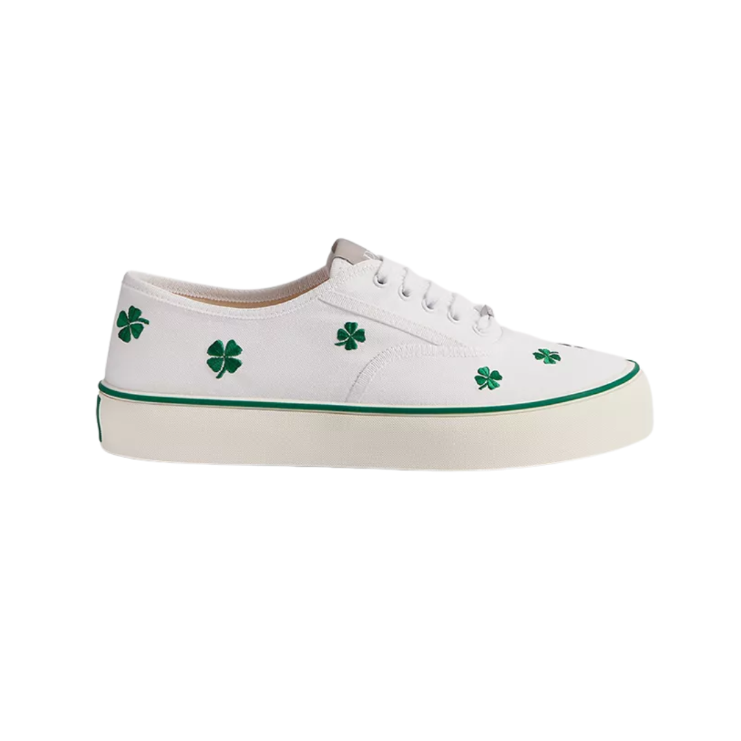 Saltwind Sneaker White Cotton Embroidered Bright Green Clover Motif