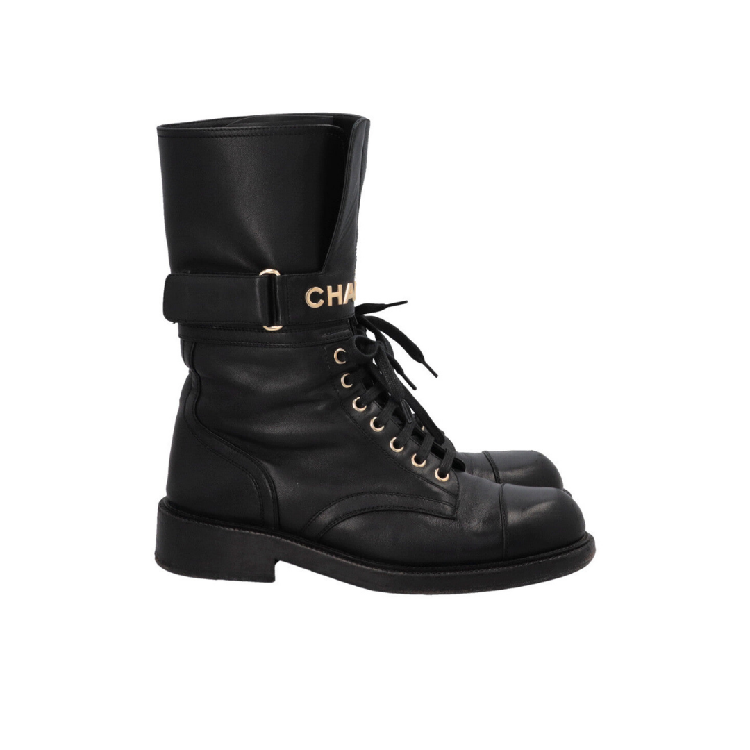 2022 Lace Up Logo Biker Boots Leather Black