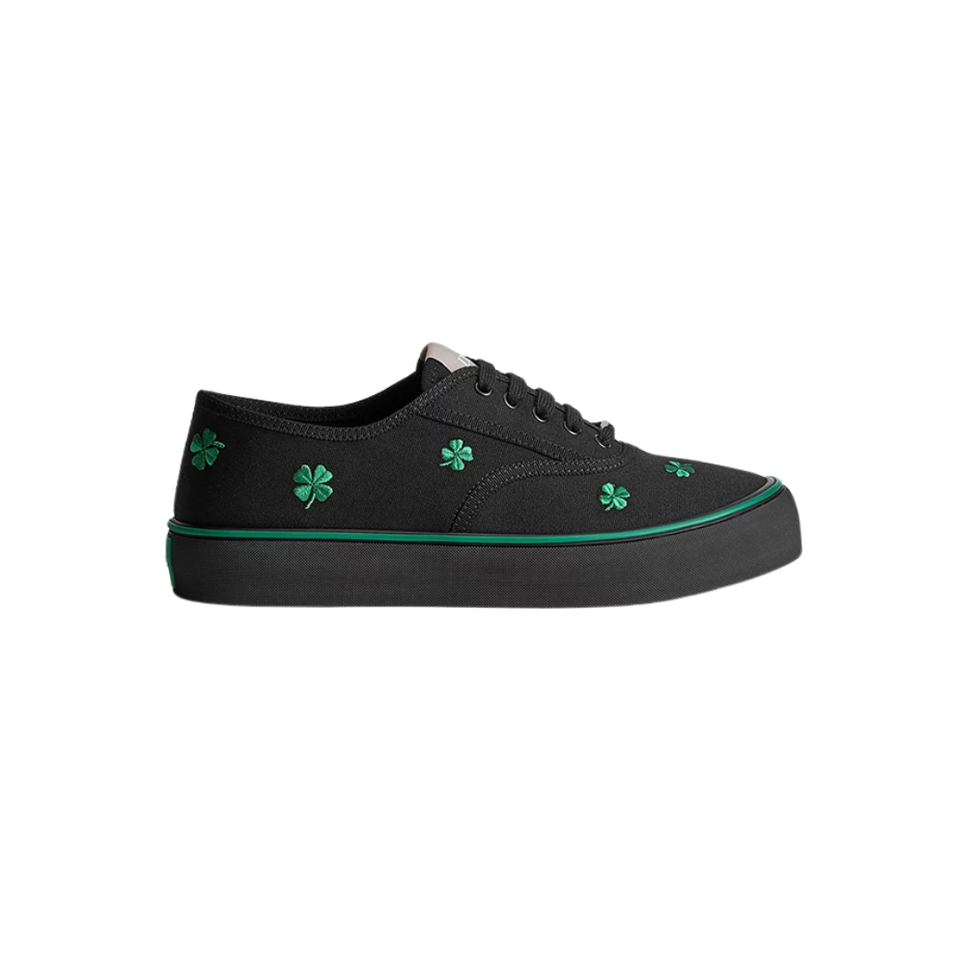 Saltwind Sneaker Black Cotton Embroidered Bright Green Clover Motif