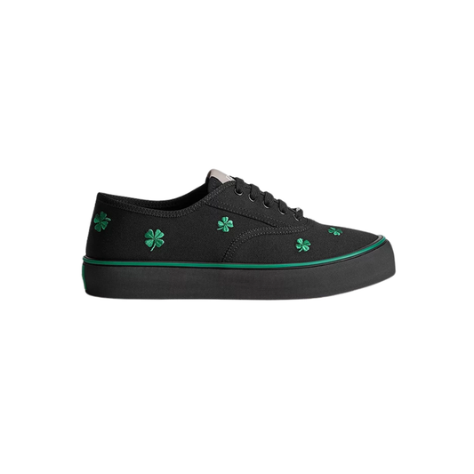 Saltwind Sneaker Black Cotton Embroidered Bright Green Clover Motif