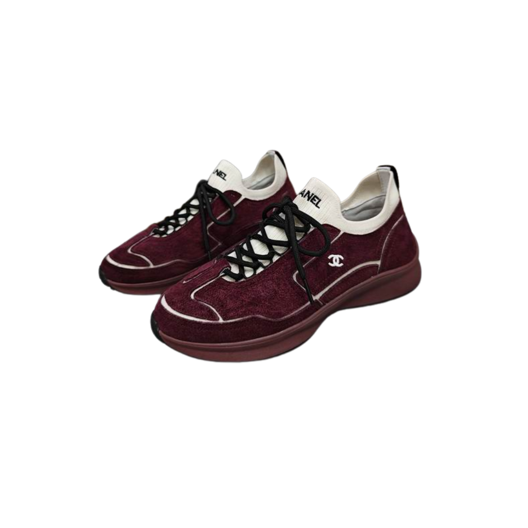 Burgndy White Calfskin Mixed Fibers Sneakers