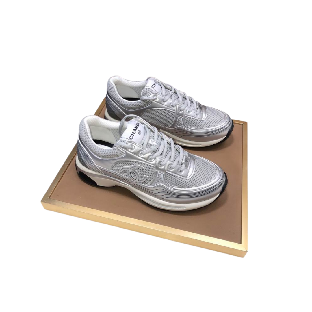 Silver White Metallic Mesh Runner Sneakers