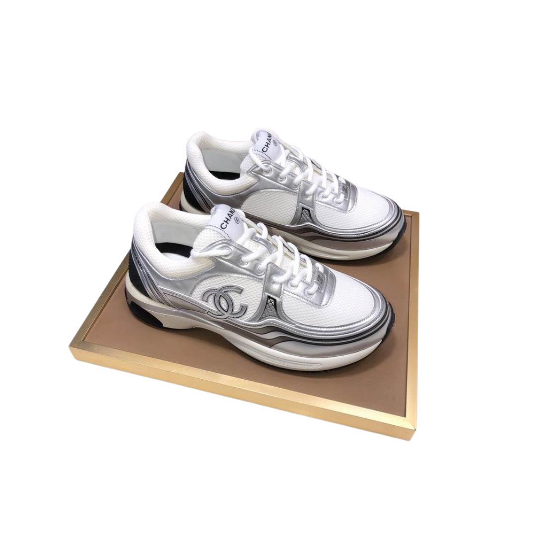 White Metallic Mesh Runner Sneakers