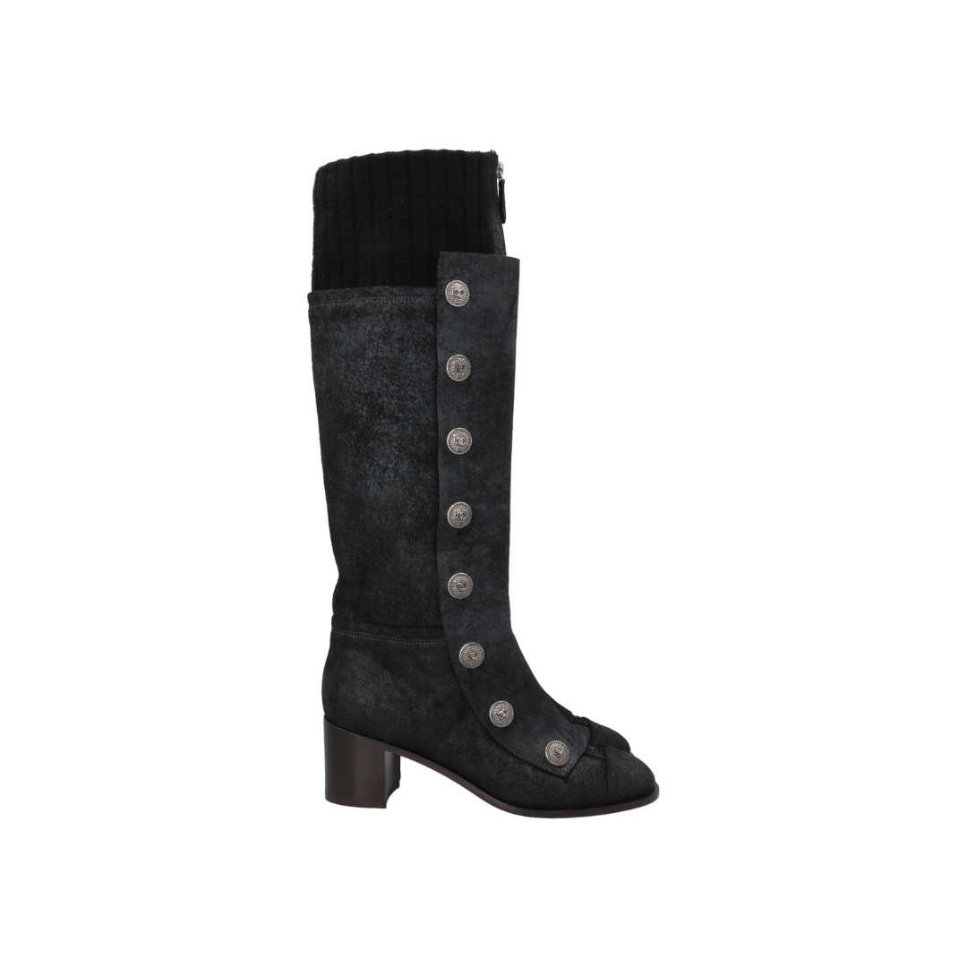 Button Knee High Knit Boots Leather