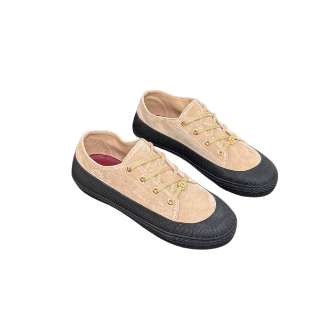 Calfskin Trainers Beige Contrasting Black Rubber Toe Cap