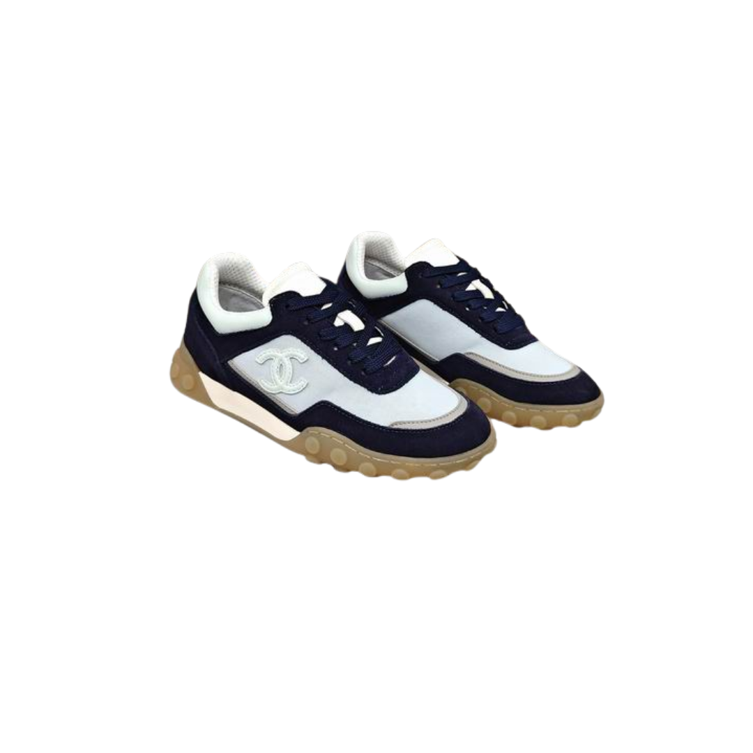 Navy Blue Grey Mixed Fibers Suede Calfskin Sneakers