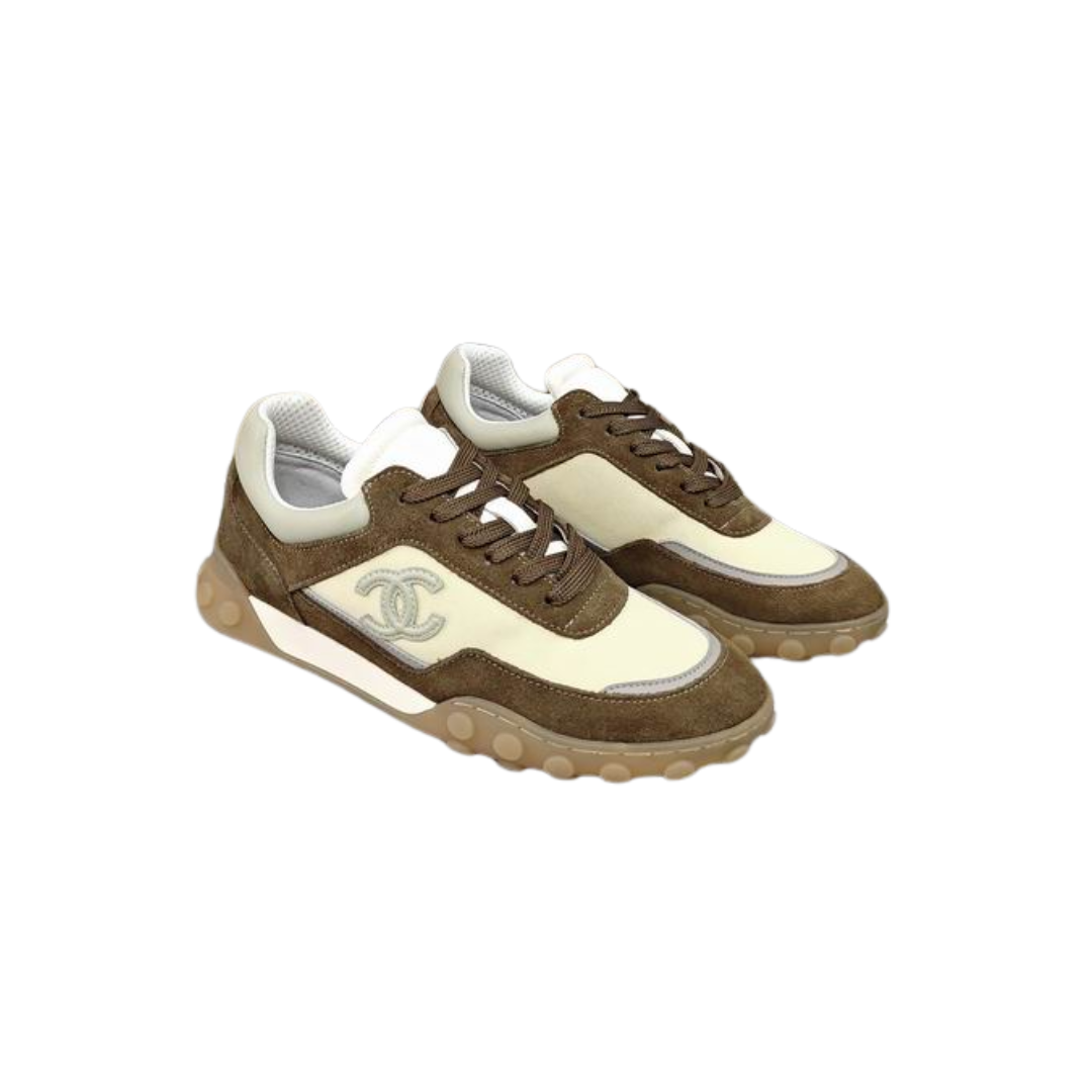 Dark Grey Beige Mixed Fibers Suede Calfskin Sneakers