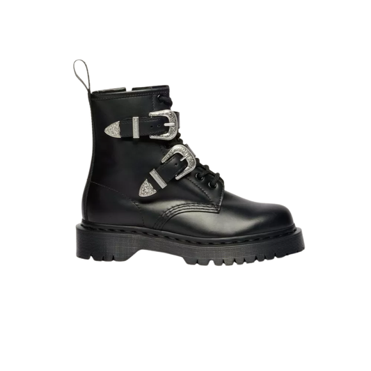 DR. MARTENS 1460 Western Buckle Bex Atlas Leather Lace Ankle Boots Black Atlas