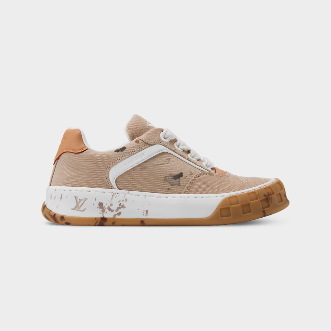 LV Tilted Sneaker Denim Blue Embroidered, Distressed Canvas Beige