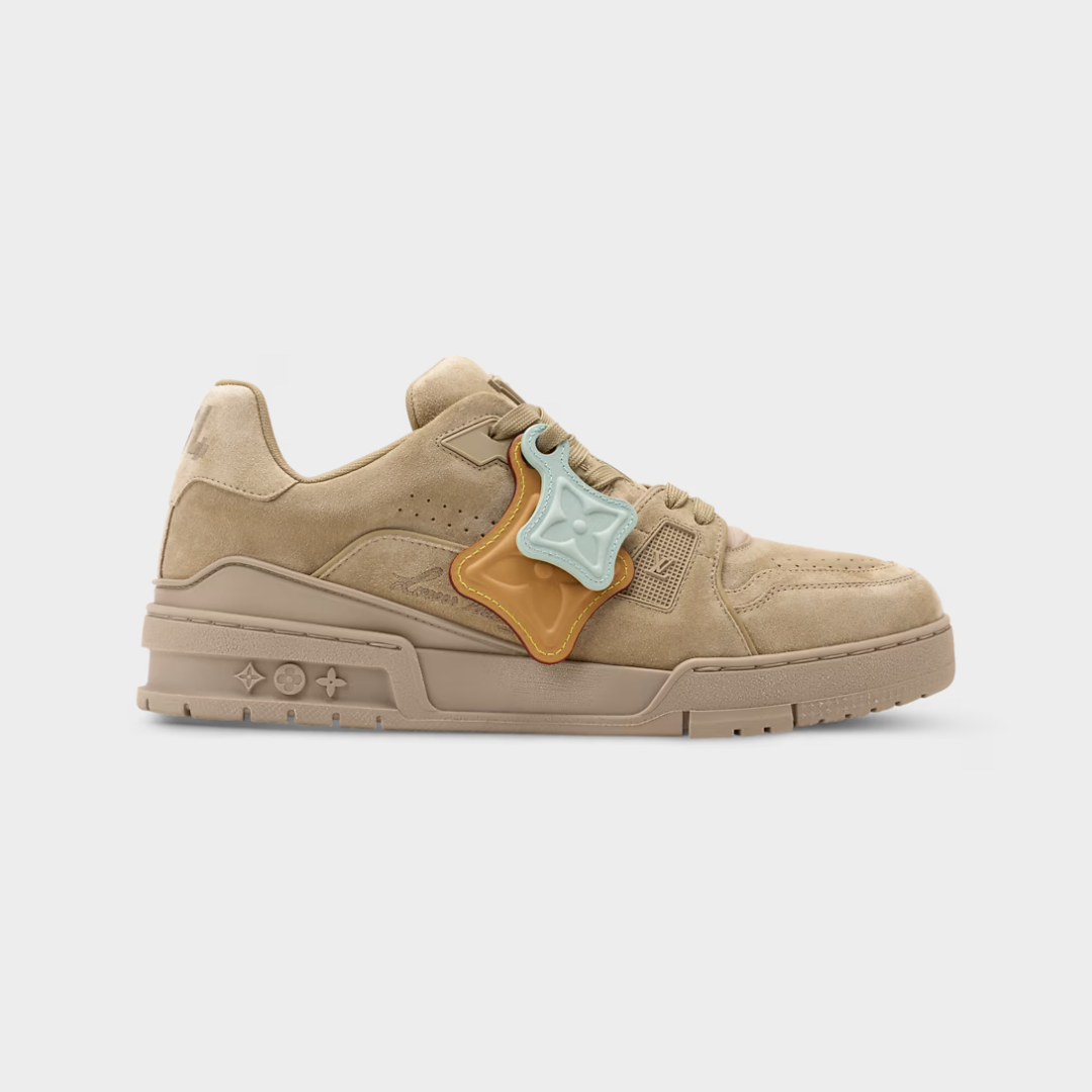 LV Trainer Distressed Sneaker Vintage-Effect SuedeCcalf Leather Beige