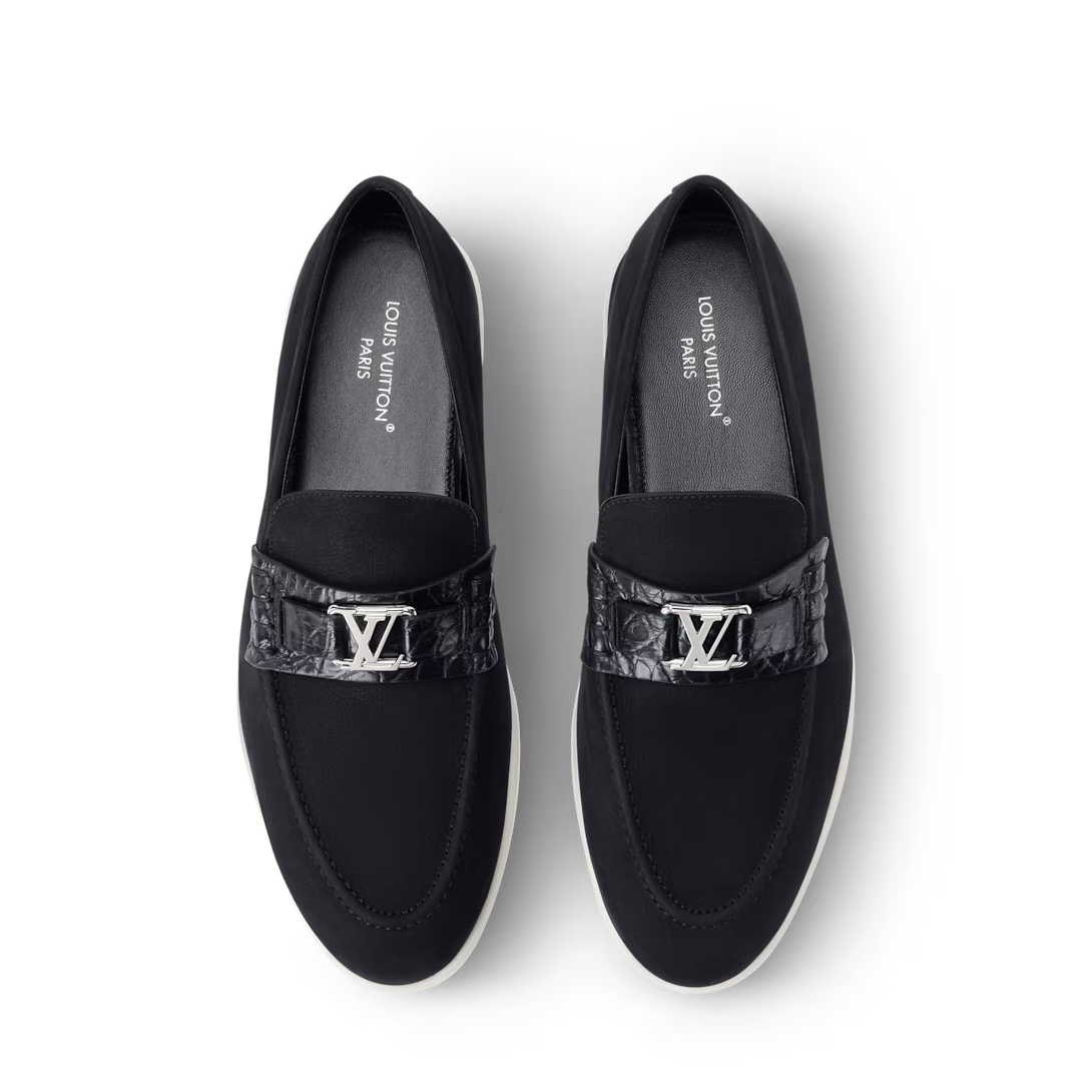 LV Estate Loafer Grained Nubuck Calf Leather/Alligator skin Alligator Skin Black