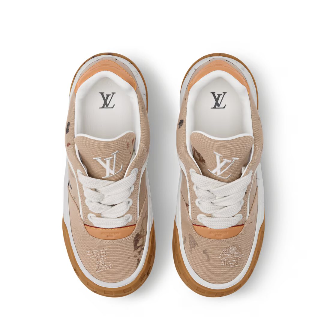 LV Tilted Sneaker Denim Blue Embroidered, Distressed Canvas Beige