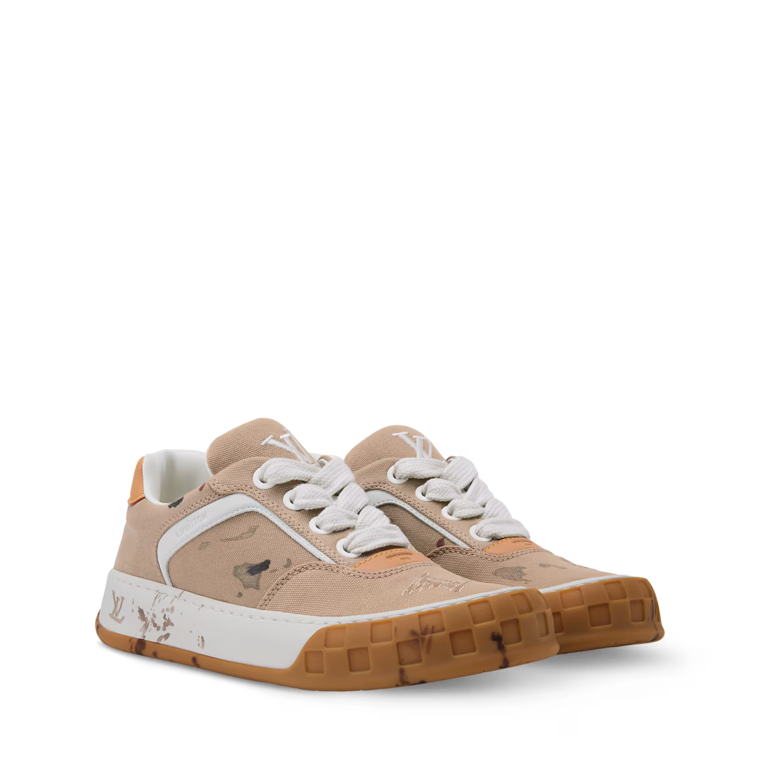 LV Tilted Sneaker Denim Blue Embroidered, Distressed Canvas Beige